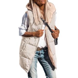 imagePRETTYGARDEN Womens 2025 Fall Reversible Long Vests Sleeveless Fleece Jacket Zip Up Hoodie Pockets Warm Coat Winter ClothingLight Khaki