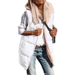 imagePRETTYGARDEN Womens 2025 Fall Reversible Long Vests Sleeveless Fleece Jacket Zip Up Hoodie Pockets Warm Coat Winter ClothingWhite