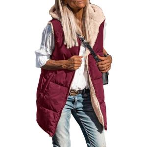 imagePRETTYGARDEN Womens 2025 Fall Reversible Long Vests Sleeveless Fleece Jacket Zip Up Hoodie Pockets Warm Coat Winter ClothingWine Red