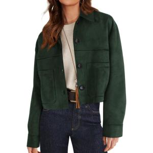 imagePRETTYGARDEN Womens Faux Suede Cropped Jacket Casual Lightweight Fall Fashion 2025 Winter Coats Outerwear Trendy ClothesDark Green