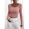 imagePRETTYGARDEN Womens 2025 Fall Long Sleeve Henley T Shirts Button Ribbed Knit Slim Fit Basic Tops Blouse Casual OutfitsDusty Pink