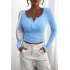 imagePRETTYGARDEN Womens 2025 Fall Long Sleeve Henley T Shirts Button Ribbed Knit Slim Fit Basic Tops Blouse Casual OutfitsLight Blue