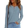 imagePRETTYGARDEN Womens Long Sleeve Waffle Knit Shirts 2025 Fall Casual Button Up Henley V Neck Tunic Tops Loose Fit Basic TeesDusty Blue