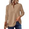 imagePRETTYGARDEN Womens Long Sleeve Waffle Knit Shirts 2025 Fall Casual Button Up Henley V Neck Tunic Tops Loose Fit Basic TeesKhaki