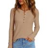 imagePRETTYGARDEN Womens Long Sleeve Waffle Knit Shirts 2025 Fall Casual Button Up Henley V Neck Tunic Tops Loose Fit Basic TeesKhaki