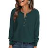 imagePRETTYGARDEN Womens Long Sleeve Waffle Knit Shirts 2025 Fall Casual Button Up Henley V Neck Tunic Tops Loose Fit Basic TeesDark Green