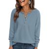 imagePRETTYGARDEN Womens Long Sleeve Waffle Knit Shirts 2025 Fall Casual Button Up Henley V Neck Tunic Tops Loose Fit Basic TeesDusty Blue
