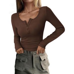 imagePRETTYGARDEN Womens 2025 Fall Long Sleeve Henley T Shirts Button Ribbed Knit Slim Fit Basic Tops Blouse Casual OutfitsCoffee