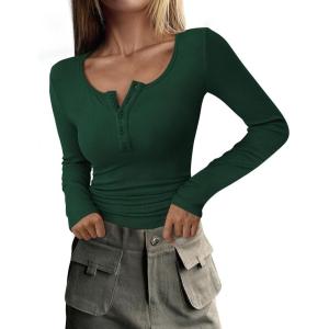 imagePRETTYGARDEN Womens 2025 Fall Long Sleeve Henley T Shirts Button Ribbed Knit Slim Fit Basic Tops Blouse Casual OutfitsDark Green