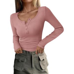 imagePRETTYGARDEN Womens 2025 Fall Long Sleeve Henley T Shirts Button Ribbed Knit Slim Fit Basic Tops Blouse Casual OutfitsDusty Pink
