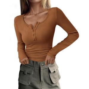 imagePRETTYGARDEN Womens 2025 Fall Long Sleeve Henley T Shirts Button Ribbed Knit Slim Fit Basic Tops Blouse Casual OutfitsKhaki