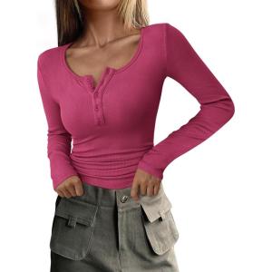 imagePRETTYGARDEN Womens 2025 Fall Long Sleeve Henley T Shirts Button Ribbed Knit Slim Fit Basic Tops Blouse Casual OutfitsRose Red