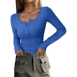 imagePRETTYGARDEN Womens 2025 Fall Long Sleeve Henley T Shirts Button Ribbed Knit Slim Fit Basic Tops Blouse Casual OutfitsRoyal Blue