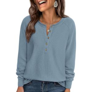imagePRETTYGARDEN Womens Long Sleeve Waffle Knit Shirts 2025 Fall Casual Button Up Henley V Neck Tunic Tops Loose Fit Basic TeesDusty Blue