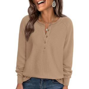 imagePRETTYGARDEN Womens Long Sleeve Waffle Knit Shirts 2025 Fall Casual Button Up Henley V Neck Tunic Tops Loose Fit Basic TeesKhaki