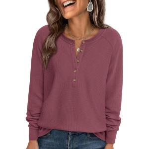 imagePRETTYGARDEN Womens Long Sleeve Waffle Knit Shirts 2025 Fall Casual Button Up Henley V Neck Tunic Tops Loose Fit Basic TeesMauve