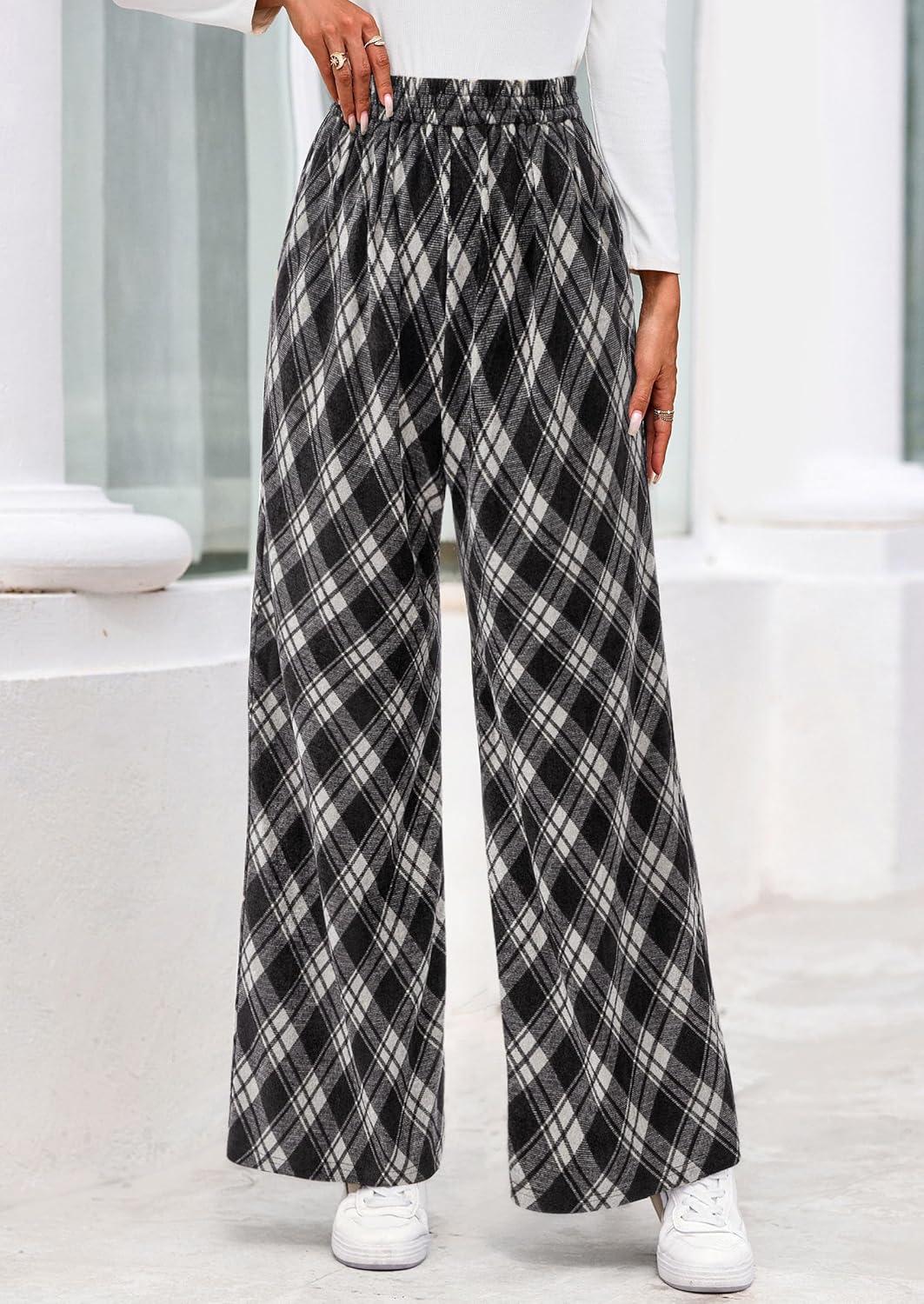 imagePRETTYGARDEN Casual Womens Pants 2025 Elastic Waist Palazzo Long Pajama Wide Leg Trousers Knit Fall Outfits with PocketsBig Plaid Black