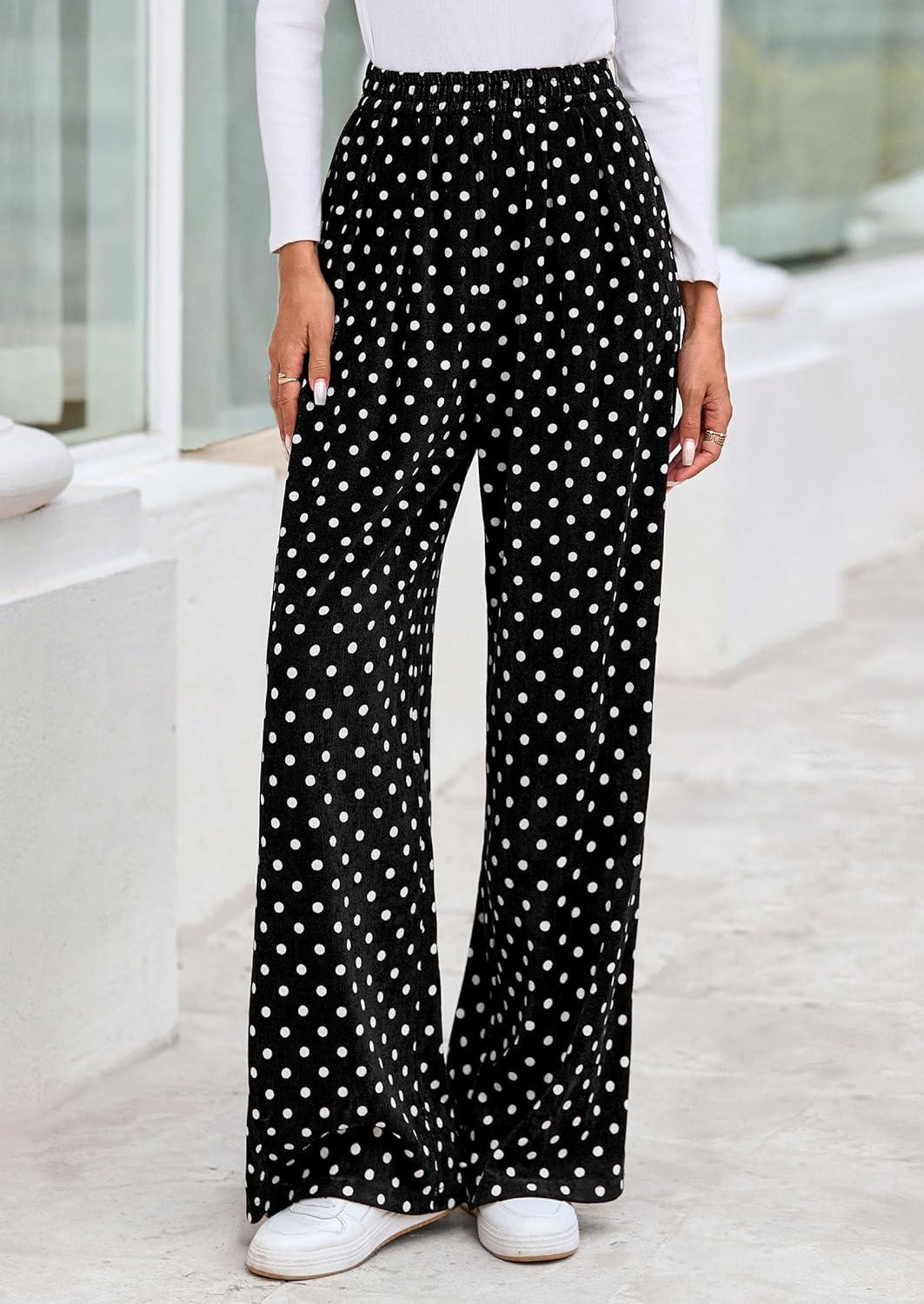 imagePRETTYGARDEN Casual Womens Pants 2025 Elastic Waist Palazzo Long Pajama Wide Leg Trousers Knit Fall Outfits with PocketsDot Black White