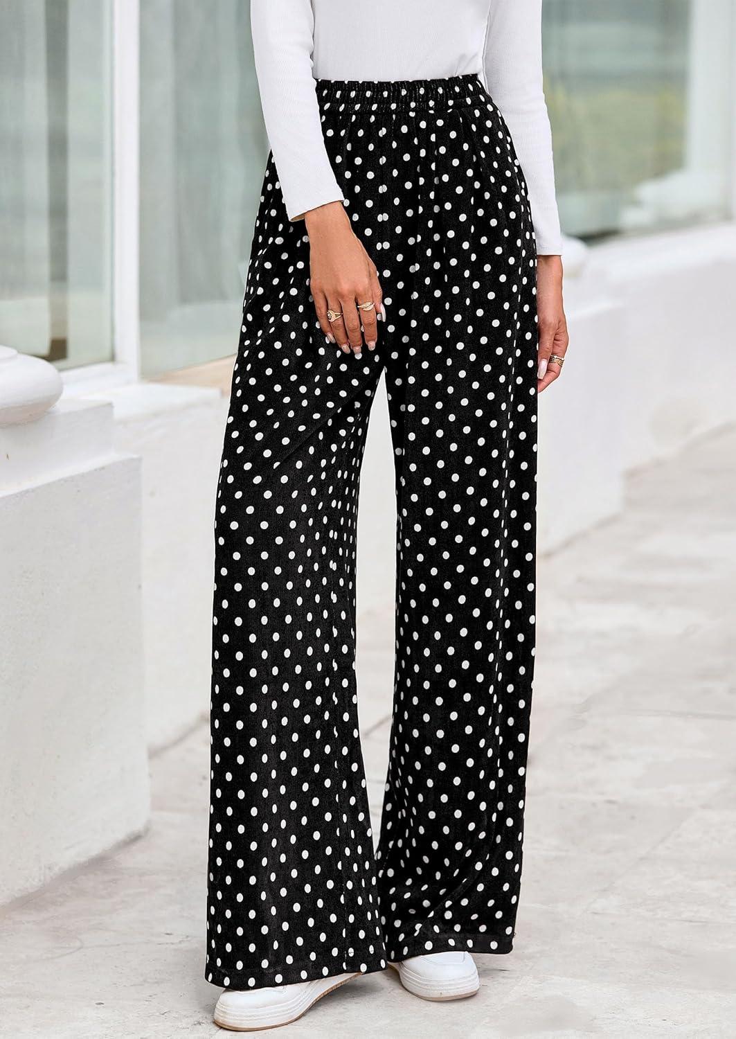 imagePRETTYGARDEN Casual Womens Pants 2025 Elastic Waist Palazzo Long Pajama Wide Leg Trousers Knit Fall Outfits with PocketsDot Black White