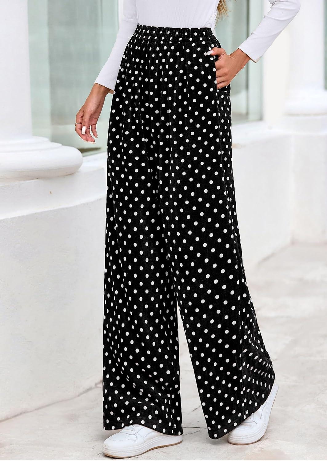 imagePRETTYGARDEN Casual Womens Pants 2025 Elastic Waist Palazzo Long Pajama Wide Leg Trousers Knit Fall Outfits with PocketsDot Black White