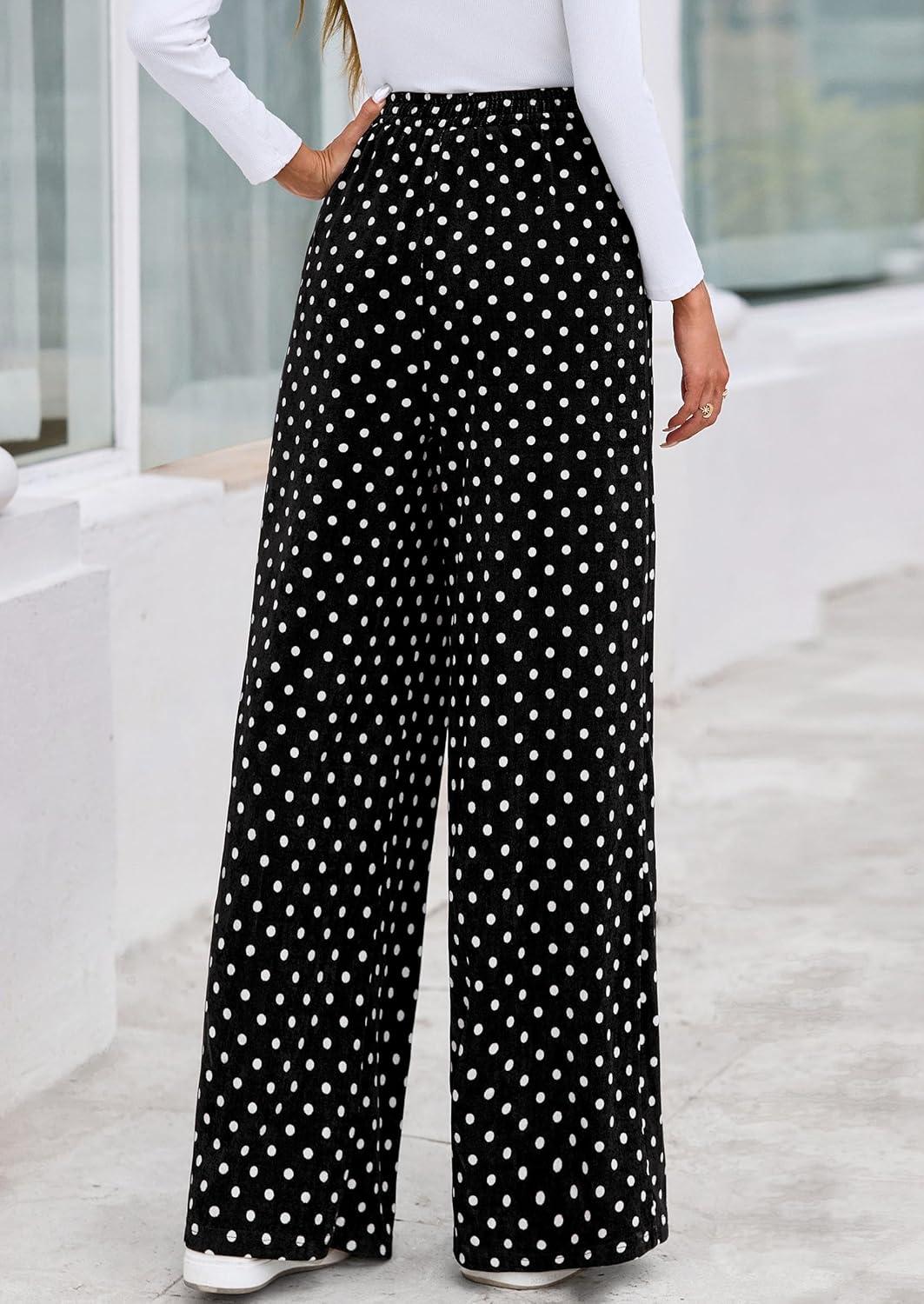 imagePRETTYGARDEN Casual Womens Pants 2025 Elastic Waist Palazzo Long Pajama Wide Leg Trousers Knit Fall Outfits with PocketsDot Black White