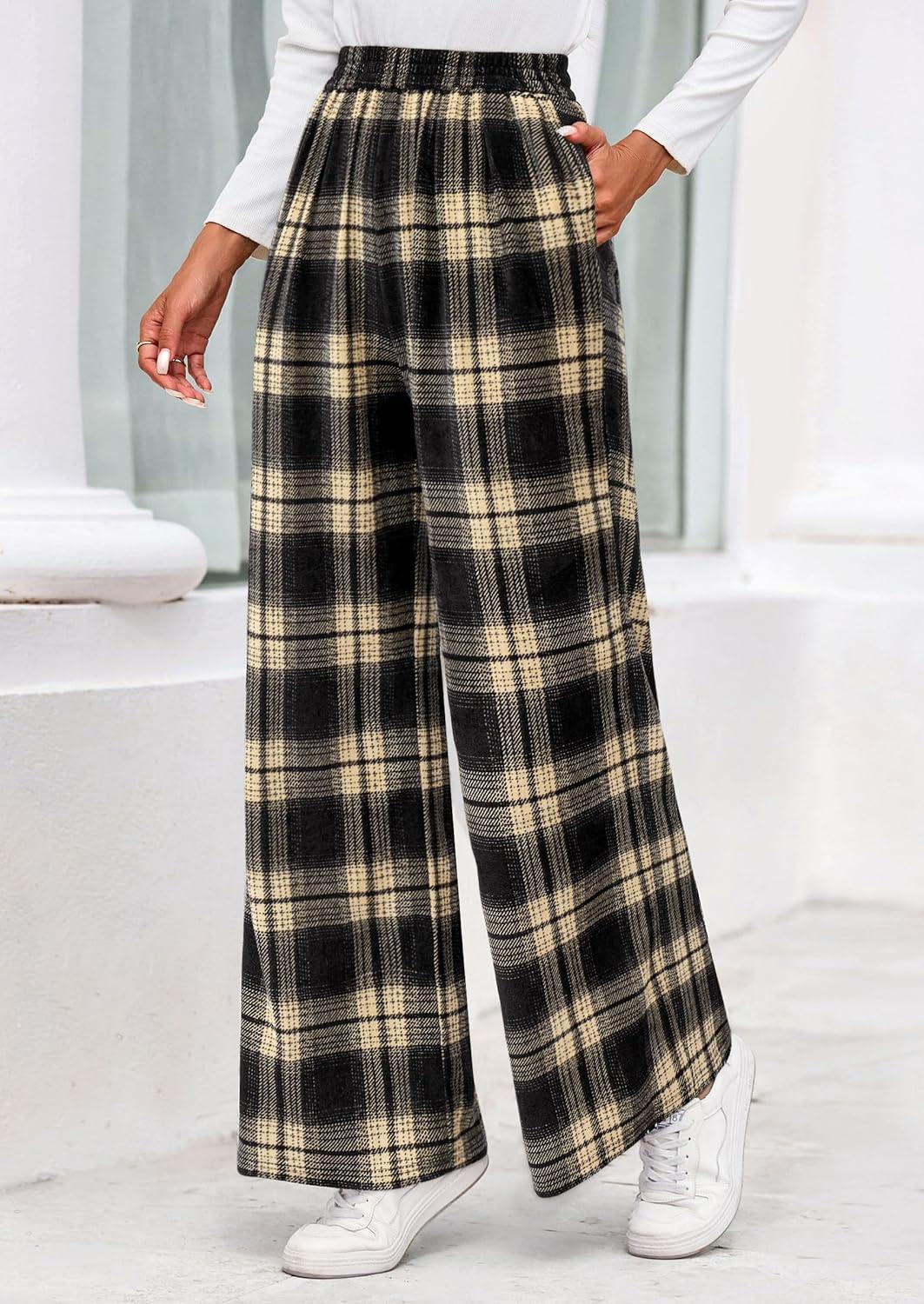 imagePRETTYGARDEN Casual Womens Pants 2025 Elastic Waist Palazzo Long Pajama Wide Leg Trousers Knit Fall Outfits with PocketsPlaid Beige Black