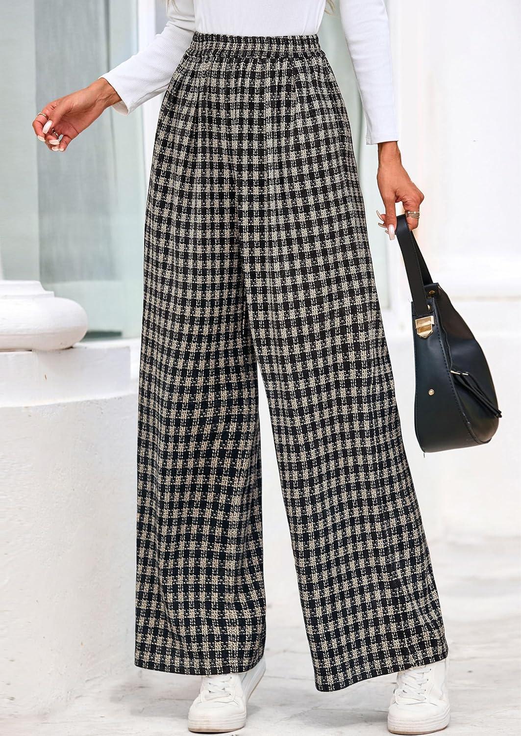 imagePRETTYGARDEN Casual Womens Pants 2025 Elastic Waist Palazzo Long Pajama Wide Leg Trousers Knit Fall Outfits with PocketsPlaid Black Apricot