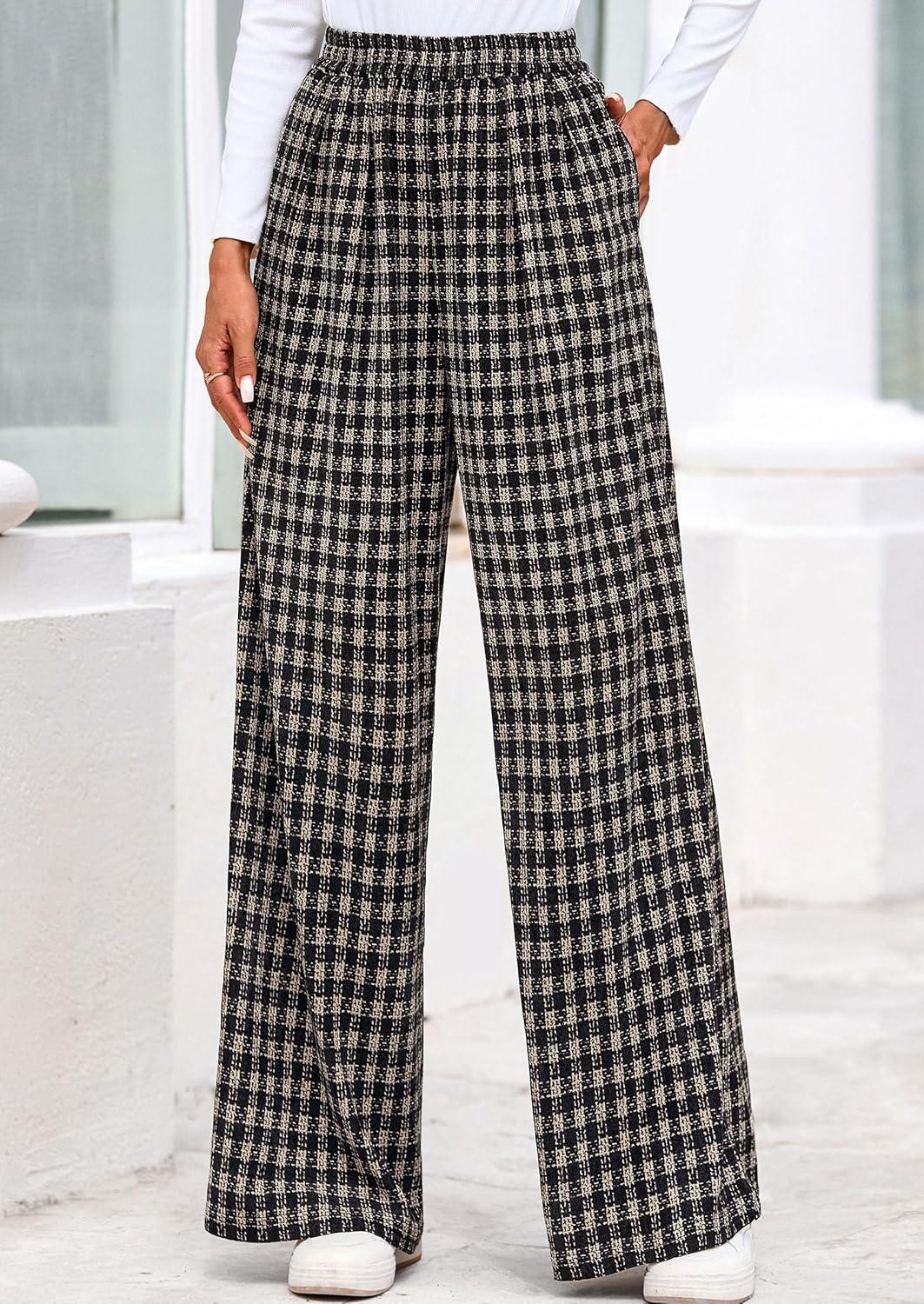 imagePRETTYGARDEN Casual Womens Pants 2025 Elastic Waist Palazzo Long Pajama Wide Leg Trousers Knit Fall Outfits with PocketsPlaid Black Apricot