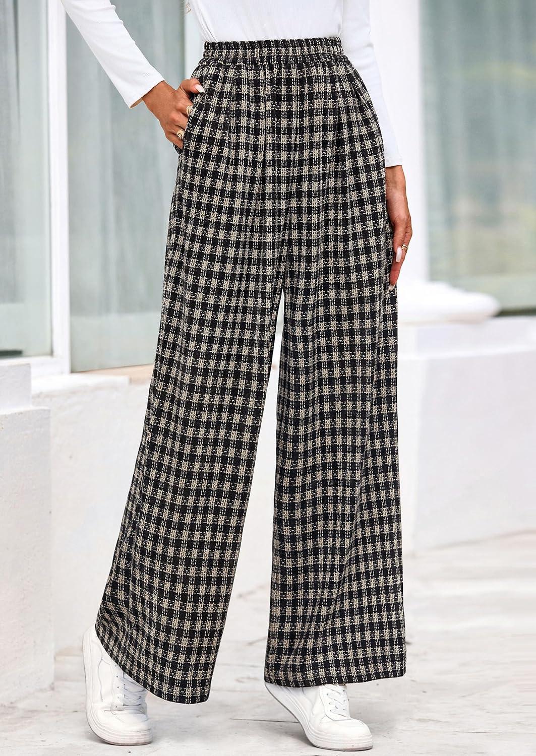 imagePRETTYGARDEN Casual Womens Pants 2025 Elastic Waist Palazzo Long Pajama Wide Leg Trousers Knit Fall Outfits with PocketsPlaid Black Apricot