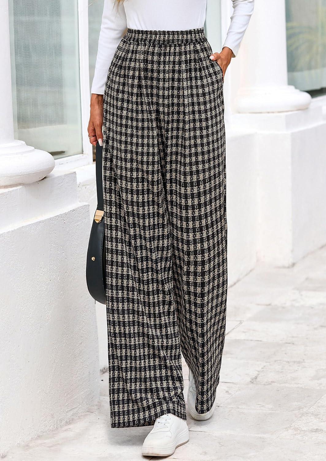 imagePRETTYGARDEN Casual Womens Pants 2025 Elastic Waist Palazzo Long Pajama Wide Leg Trousers Knit Fall Outfits with PocketsPlaid Black Apricot