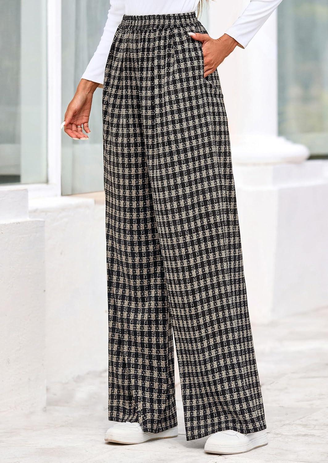 imagePRETTYGARDEN Casual Womens Pants 2025 Elastic Waist Palazzo Long Pajama Wide Leg Trousers Knit Fall Outfits with PocketsPlaid Black Apricot