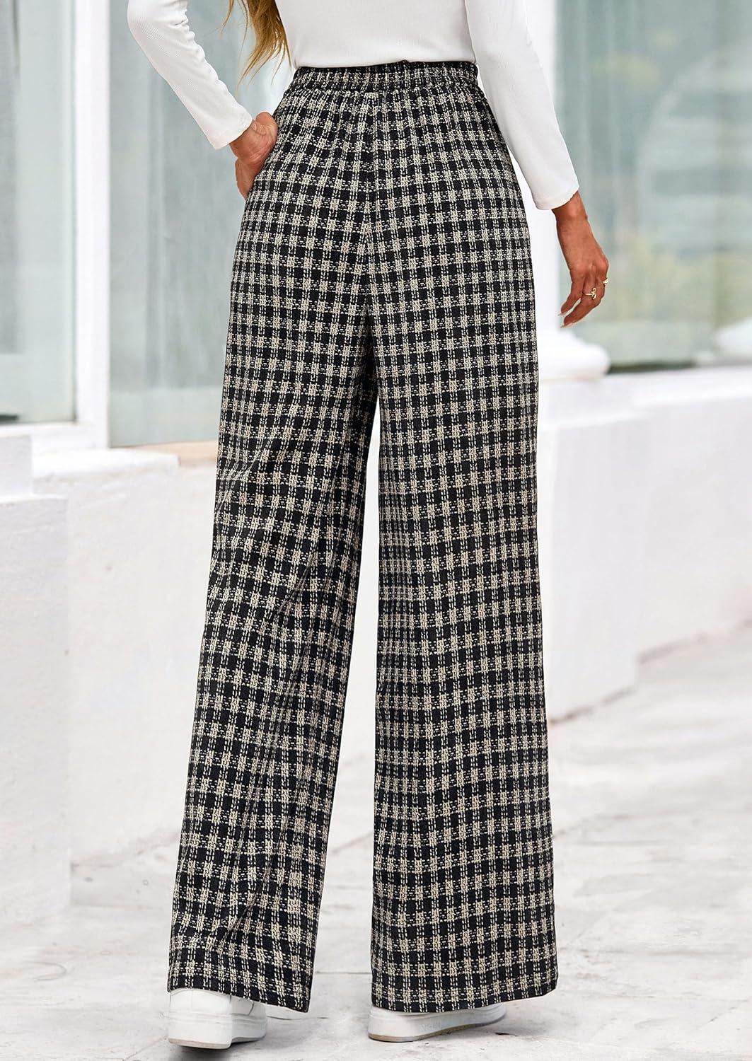 imagePRETTYGARDEN Casual Womens Pants 2025 Elastic Waist Palazzo Long Pajama Wide Leg Trousers Knit Fall Outfits with PocketsPlaid Black Apricot