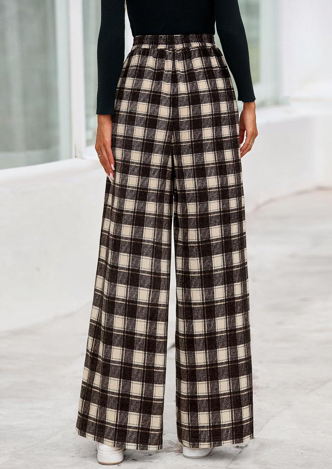 imagePRETTYGARDEN Casual Womens Pants 2025 Elastic Waist Palazzo Long Pajama Wide Leg Trousers Knit Fall Outfits with PocketsPlaid Brown