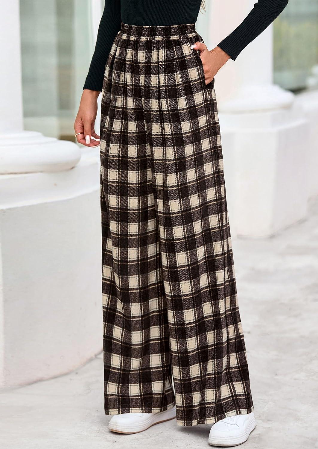 imagePRETTYGARDEN Casual Womens Pants 2025 Elastic Waist Palazzo Long Pajama Wide Leg Trousers Knit Fall Outfits with PocketsPlaid Brown