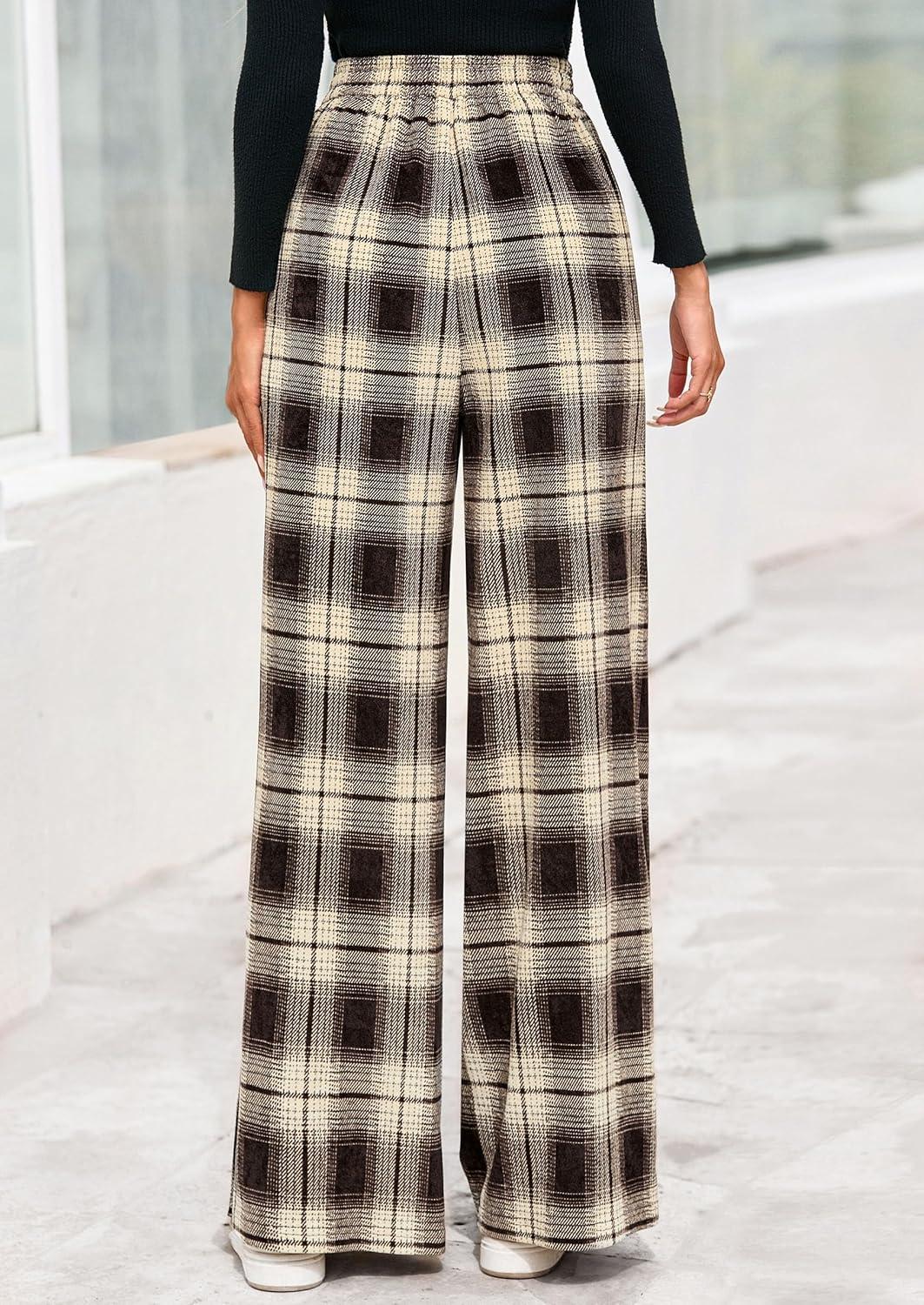 imagePRETTYGARDEN Casual Womens Pants 2025 Elastic Waist Palazzo Long Pajama Wide Leg Trousers Knit Fall Outfits with PocketsPlaid Brown Apricot