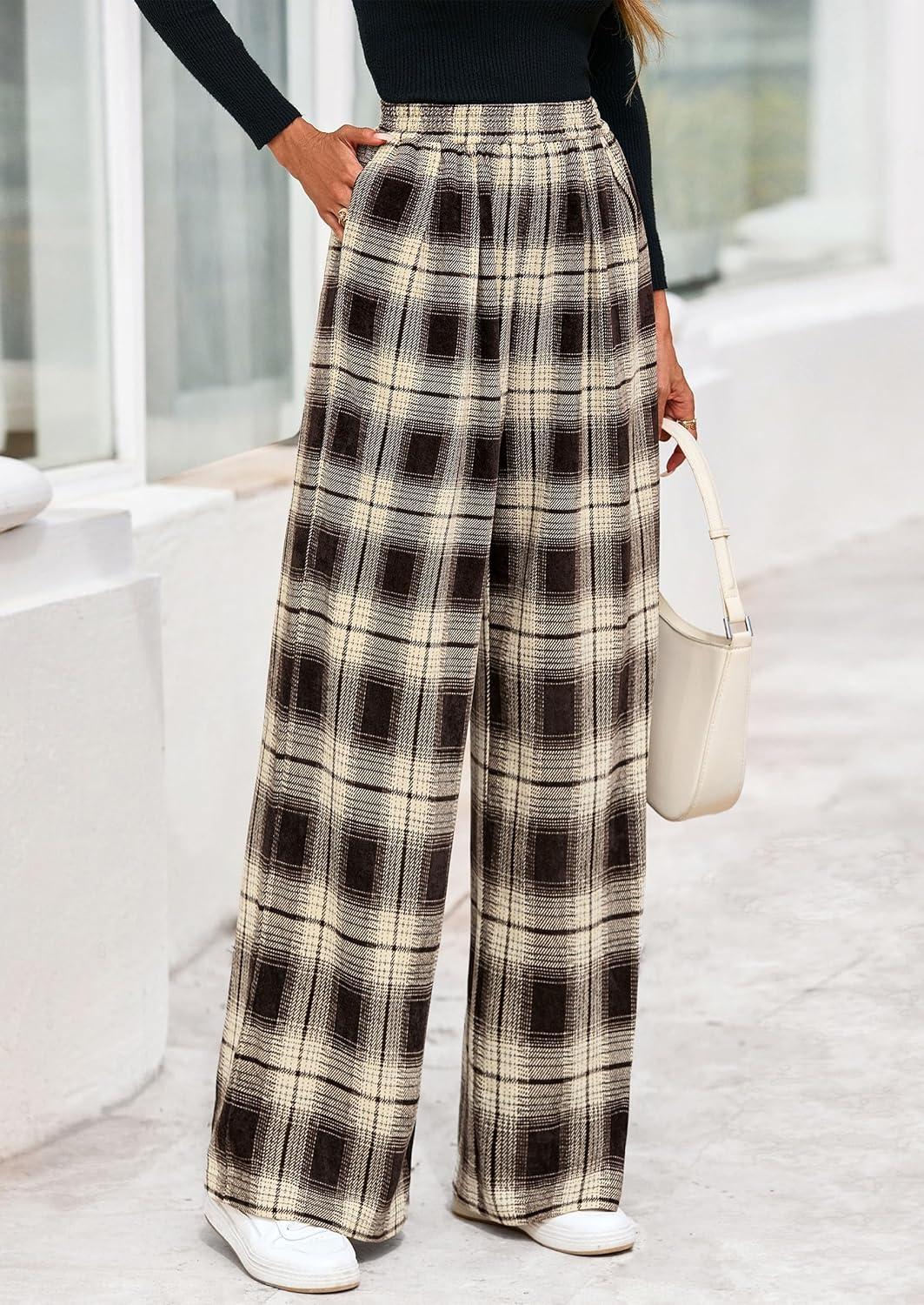 imagePRETTYGARDEN Casual Womens Pants 2025 Elastic Waist Palazzo Long Pajama Wide Leg Trousers Knit Fall Outfits with PocketsPlaid Brown Apricot