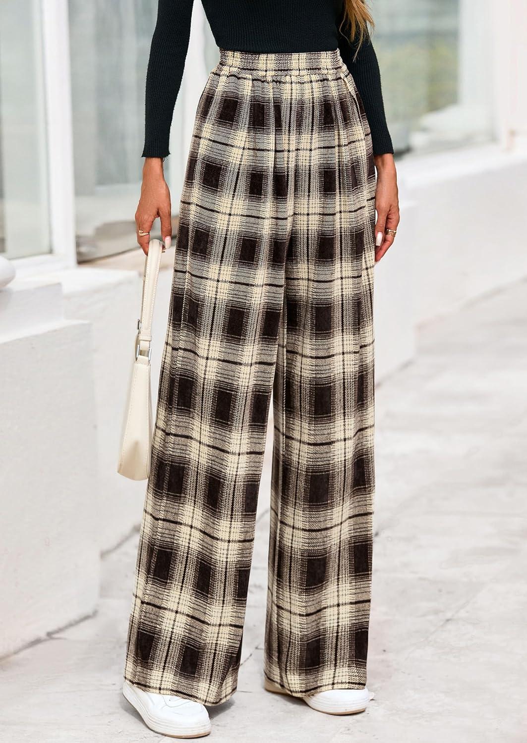 imagePRETTYGARDEN Casual Womens Pants 2025 Elastic Waist Palazzo Long Pajama Wide Leg Trousers Knit Fall Outfits with PocketsPlaid Brown Apricot