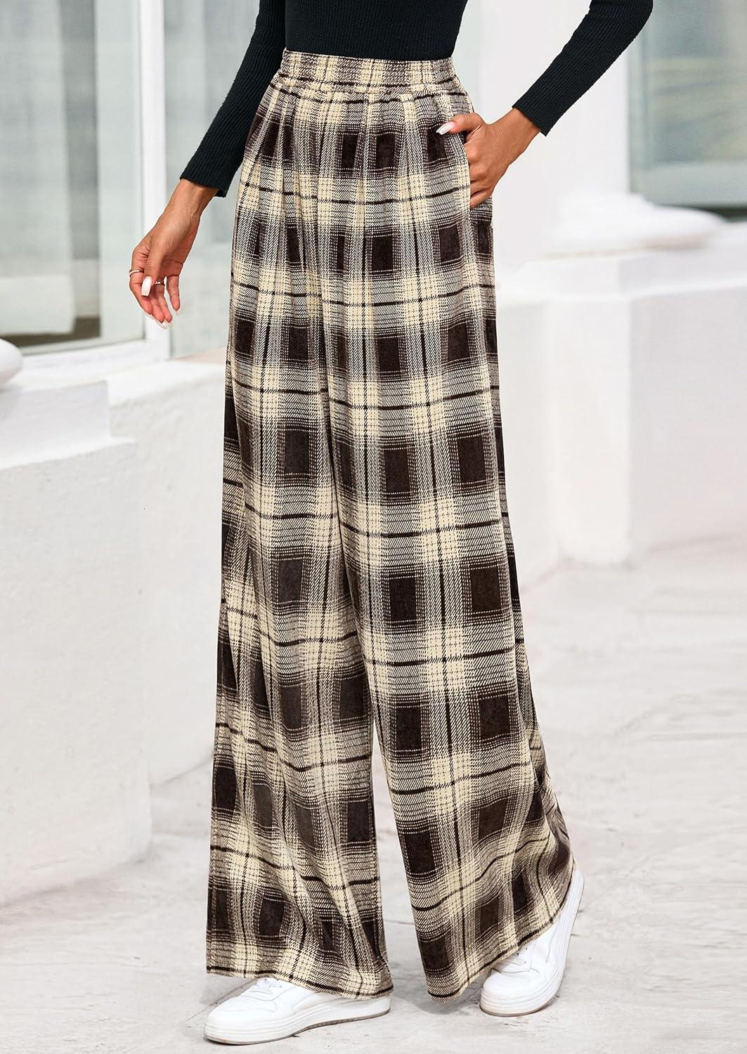 imagePRETTYGARDEN Casual Womens Pants 2025 Elastic Waist Palazzo Long Pajama Wide Leg Trousers Knit Fall Outfits with PocketsPlaid Brown Apricot