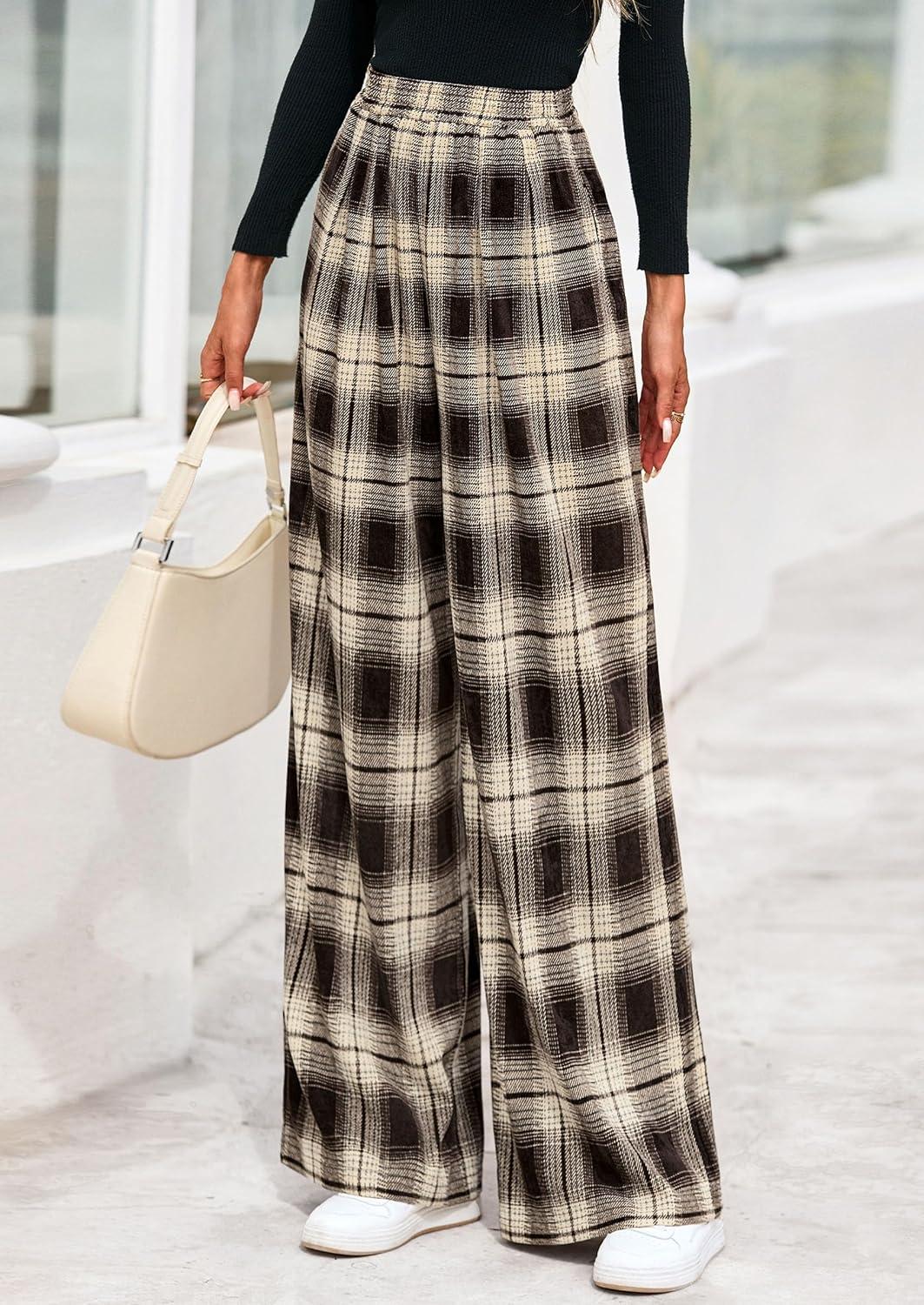 imagePRETTYGARDEN Casual Womens Pants 2025 Elastic Waist Palazzo Long Pajama Wide Leg Trousers Knit Fall Outfits with PocketsPlaid Brown Apricot