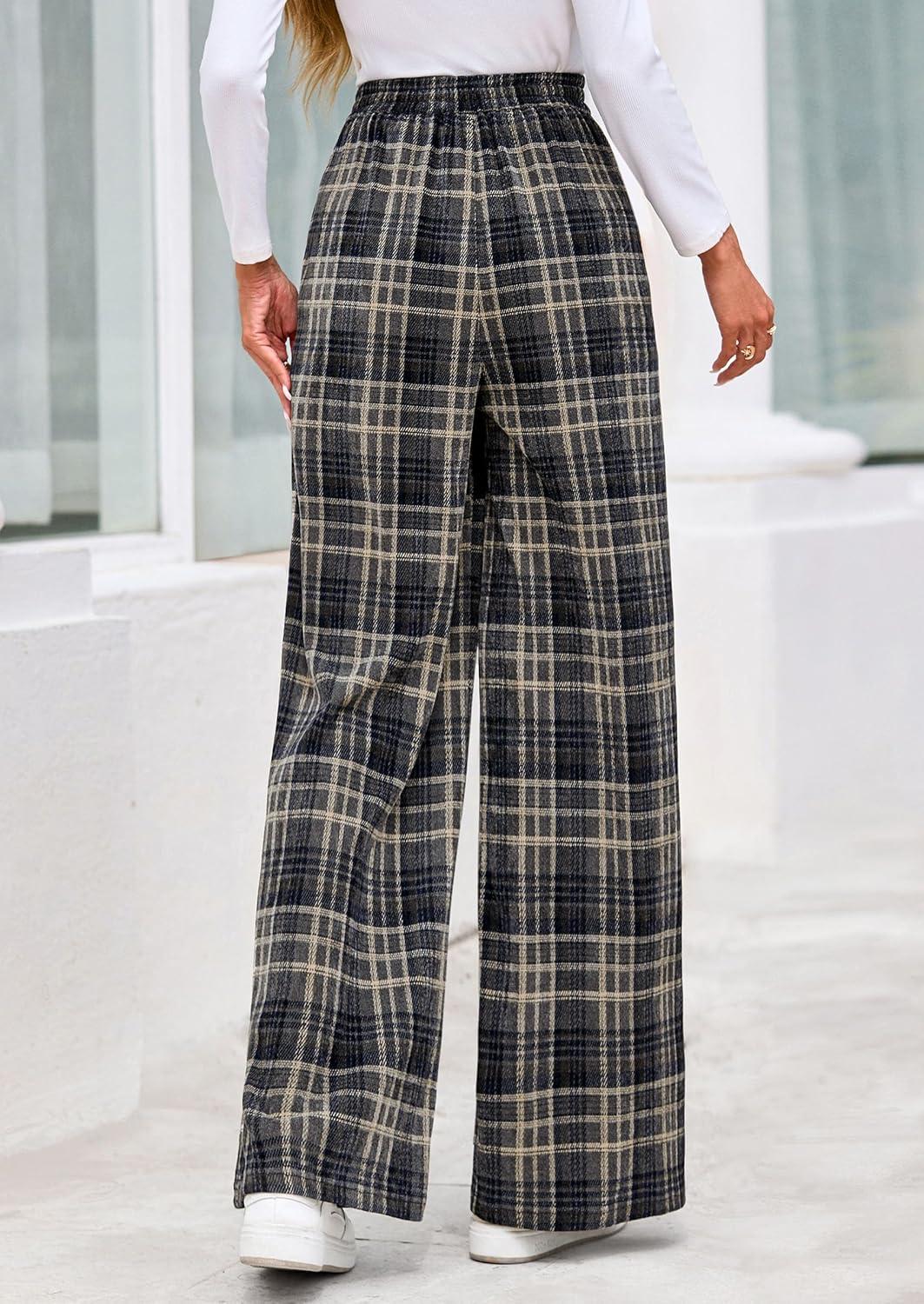 imagePRETTYGARDEN Casual Womens Pants 2025 Elastic Waist Palazzo Long Pajama Wide Leg Trousers Knit Fall Outfits with PocketsPlaid Navy