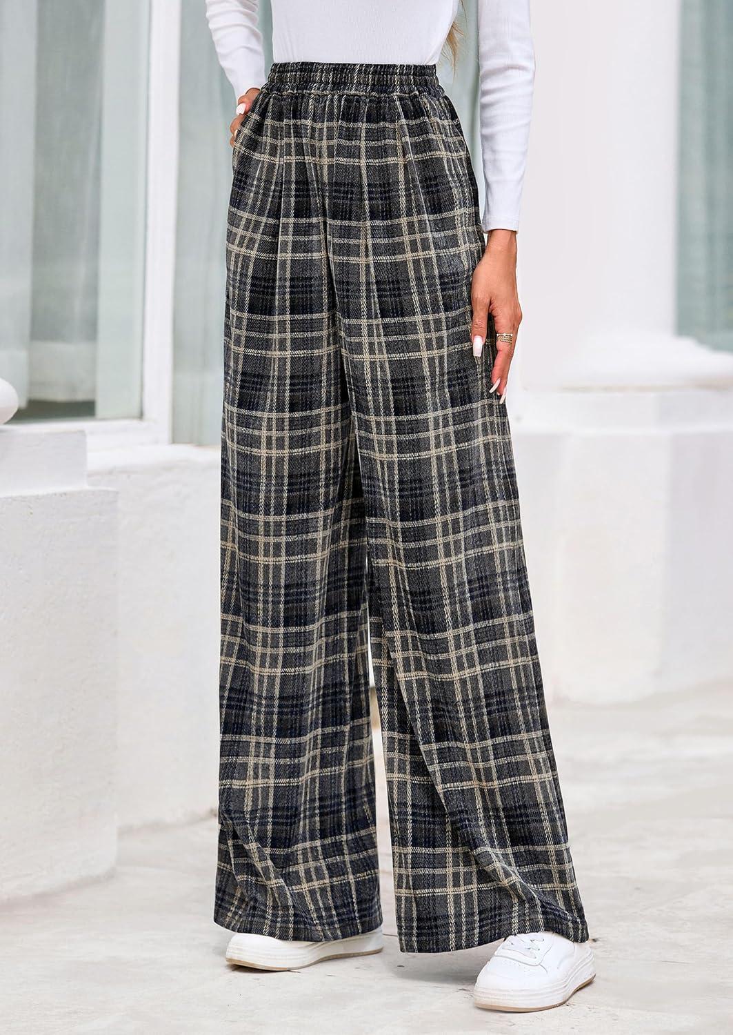 imagePRETTYGARDEN Casual Womens Pants 2025 Elastic Waist Palazzo Long Pajama Wide Leg Trousers Knit Fall Outfits with PocketsPlaid Navy