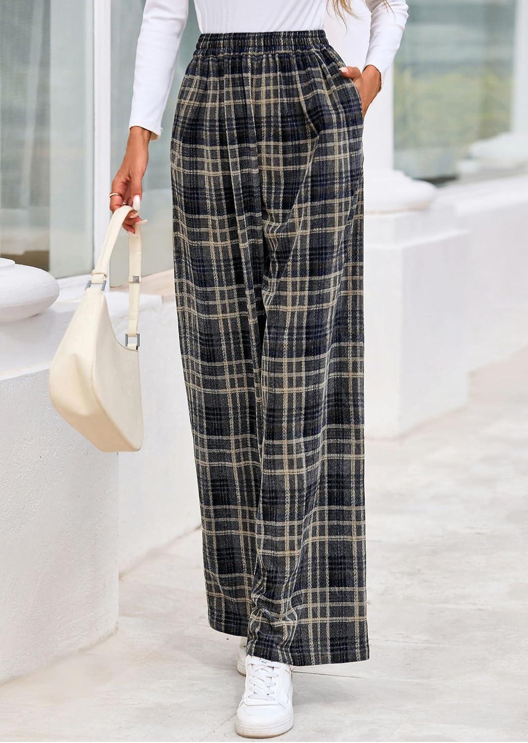 imagePRETTYGARDEN Casual Womens Pants 2025 Elastic Waist Palazzo Long Pajama Wide Leg Trousers Knit Fall Outfits with PocketsPlaid Navy