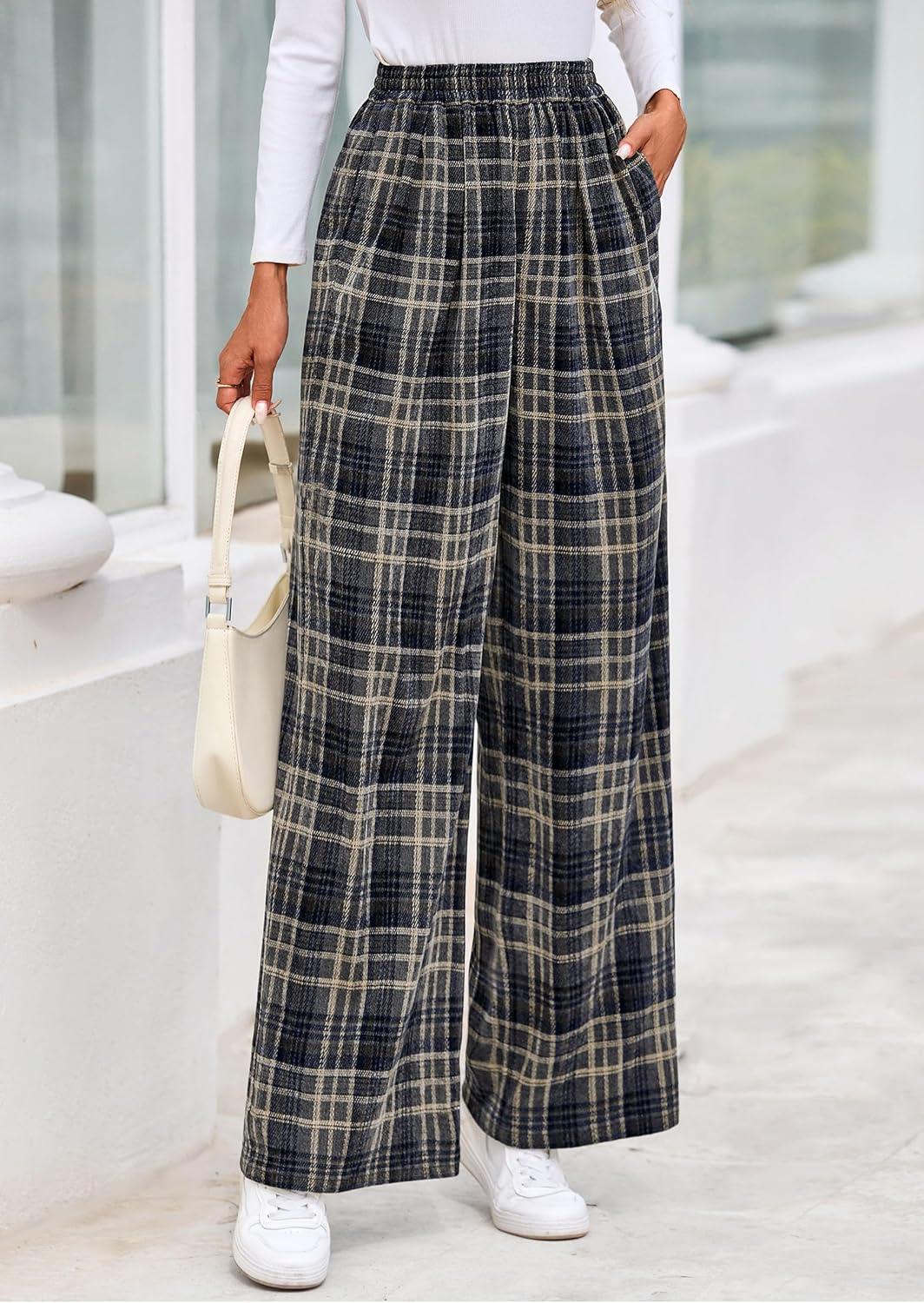 imagePRETTYGARDEN Casual Womens Pants 2025 Elastic Waist Palazzo Long Pajama Wide Leg Trousers Knit Fall Outfits with PocketsPlaid Navy