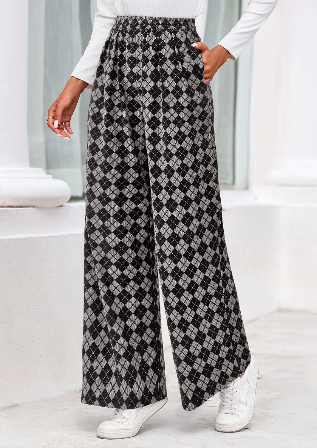 imagePRETTYGARDEN Casual Womens Pants 2025 Elastic Waist Palazzo Long Pajama Wide Leg Trousers Knit Fall Outfits with PocketsSmall Plaid Black