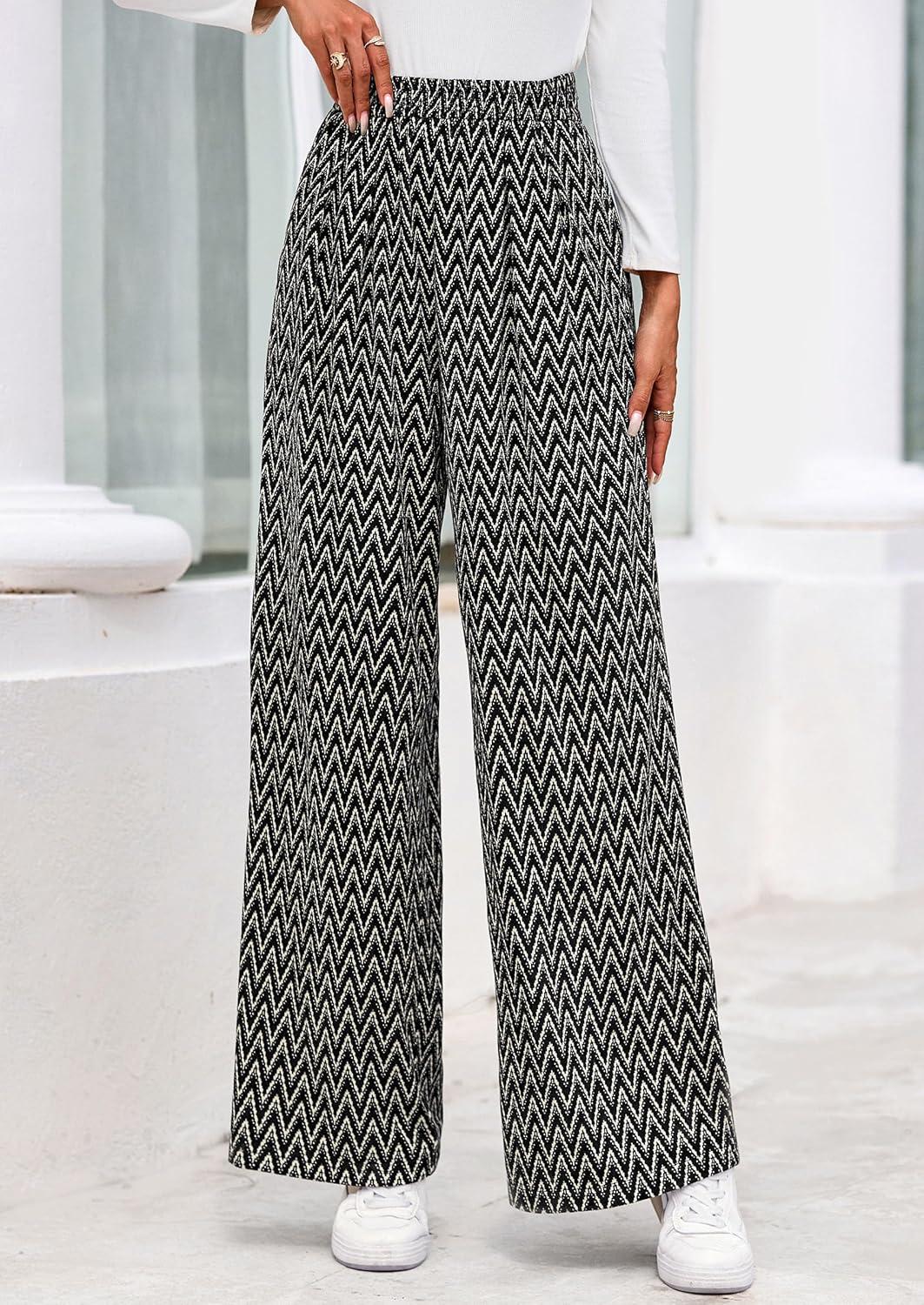 imagePRETTYGARDEN Casual Womens Pants 2025 Elastic Waist Palazzo Long Pajama Wide Leg Trousers Knit Fall Outfits with PocketsStriped Black