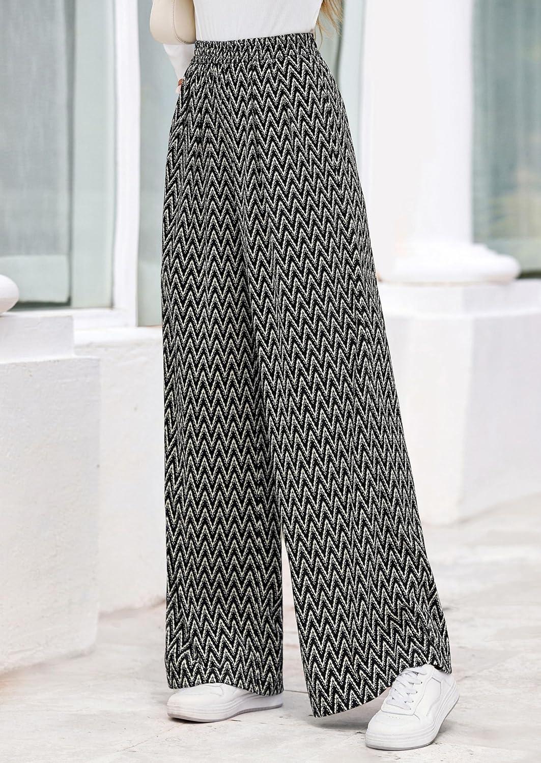 imagePRETTYGARDEN Casual Womens Pants 2025 Elastic Waist Palazzo Long Pajama Wide Leg Trousers Knit Fall Outfits with PocketsStriped Black