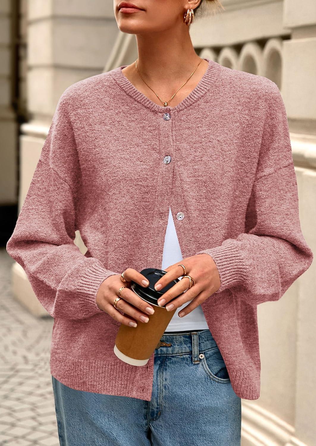 imagePRETTYGARDEN Fall Long Sleeve Cardigans for Women Trendy 2025 Lightweight Button Down Crewneck Loose Knit Sweater ClothesGrey Pink