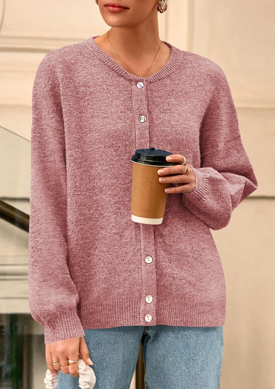 imagePRETTYGARDEN Fall Long Sleeve Cardigans for Women Trendy 2025 Lightweight Button Down Crewneck Loose Knit Sweater ClothesGrey Pink