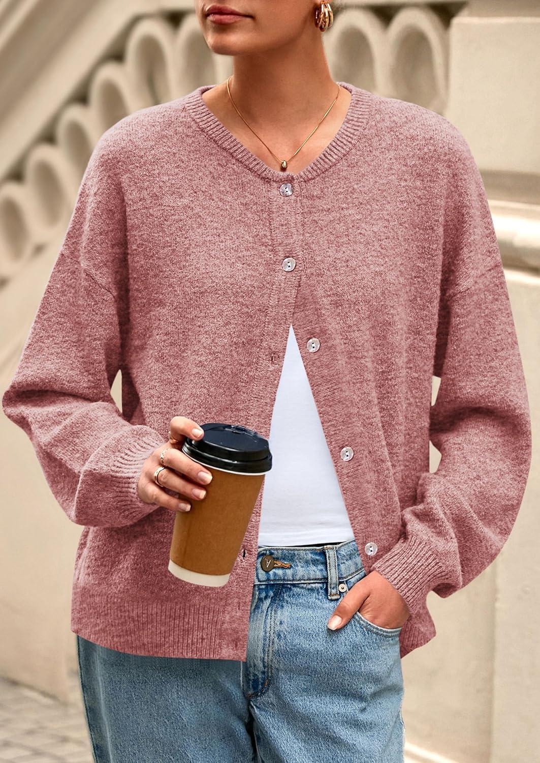 imagePRETTYGARDEN Fall Long Sleeve Cardigans for Women Trendy 2025 Lightweight Button Down Crewneck Loose Knit Sweater ClothesGrey Pink