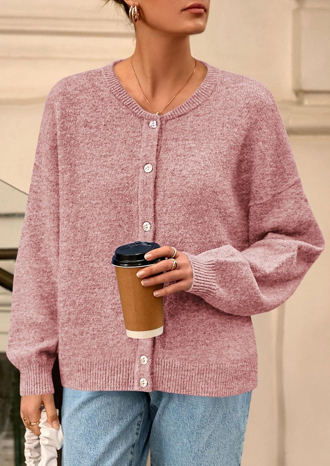 imagePRETTYGARDEN Fall Long Sleeve Cardigans for Women Trendy 2025 Lightweight Button Down Crewneck Loose Knit Sweater ClothesGrey Pink